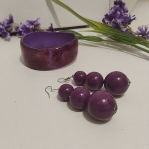 💜 Vintage Purple Statement Set – Resin Bangle + Beaded Drop Earrings – NEW